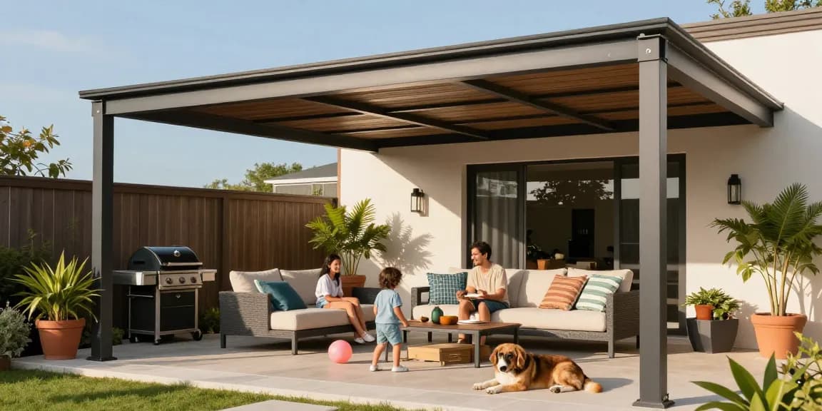 Helle und einladende Außenansicht einer freistehenden Terrassenüberdachung mit Familie, die unter dem modernen Dach entspannt.
