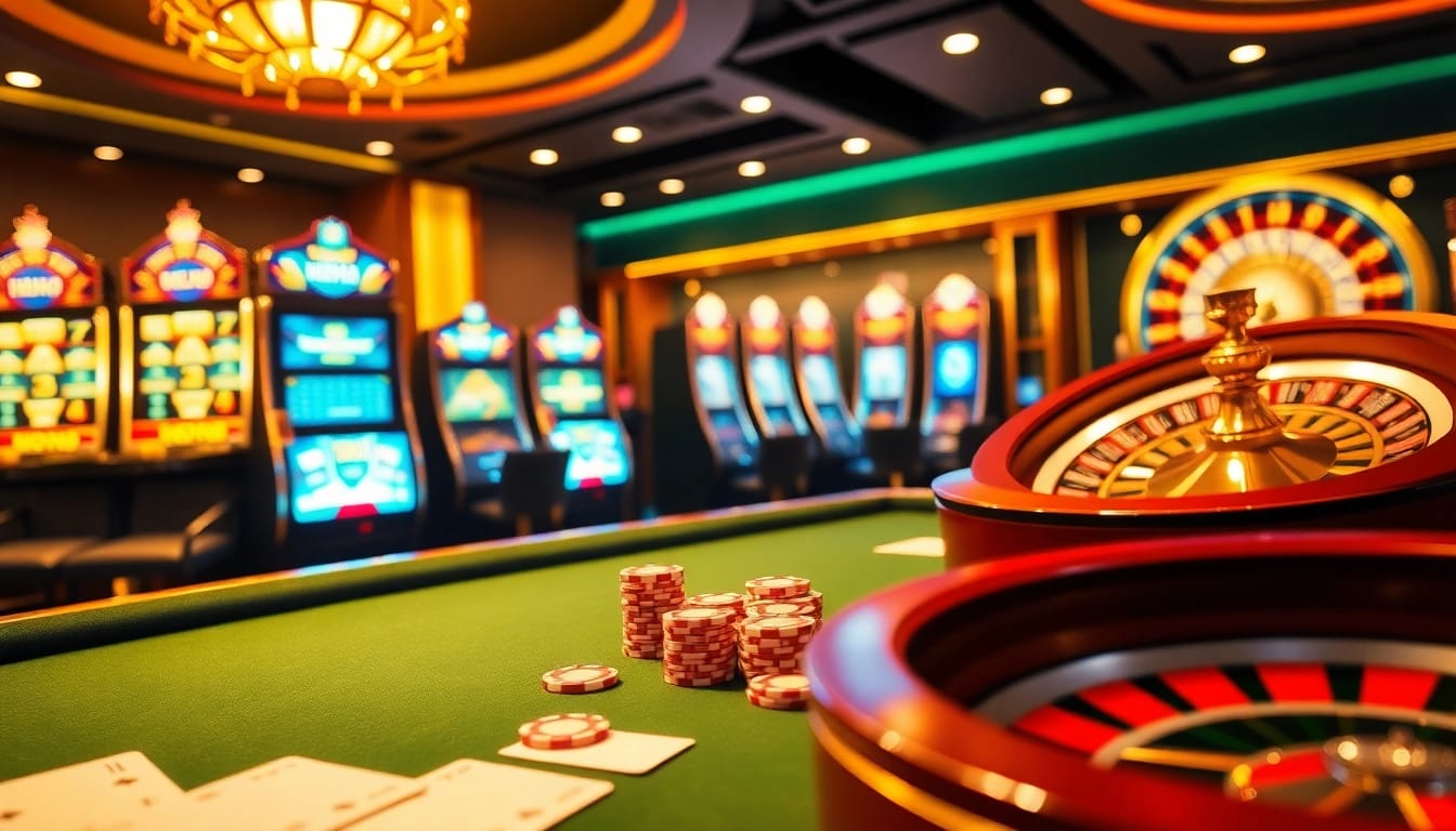 Experience nk88 win at a luxurious casino with poker tables, glowing slot machines, and a sparkling roulette wheel.