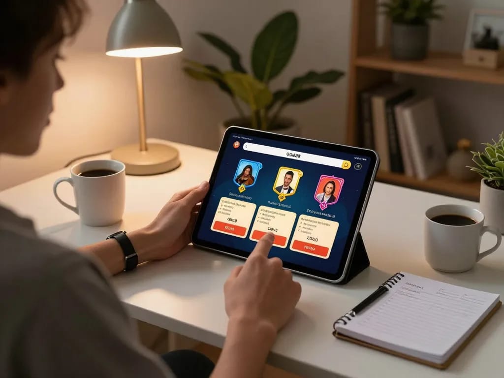 Engaging gameplay on the QQ88 app as a player uses a tablet for casino games at home.
