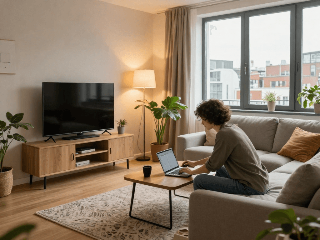 Gemütliche Monteurwohnung in Hannover mit modernem Wohnbereich und Arbeitsstation.