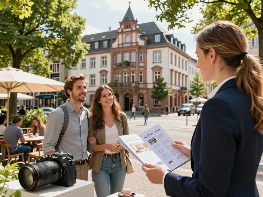 Immobilienmakler Frankfurt Sachsenhausen zeigt potenziellen Käufern eine charmante Wohnung in einem lebhaften städtischen Umfeld.