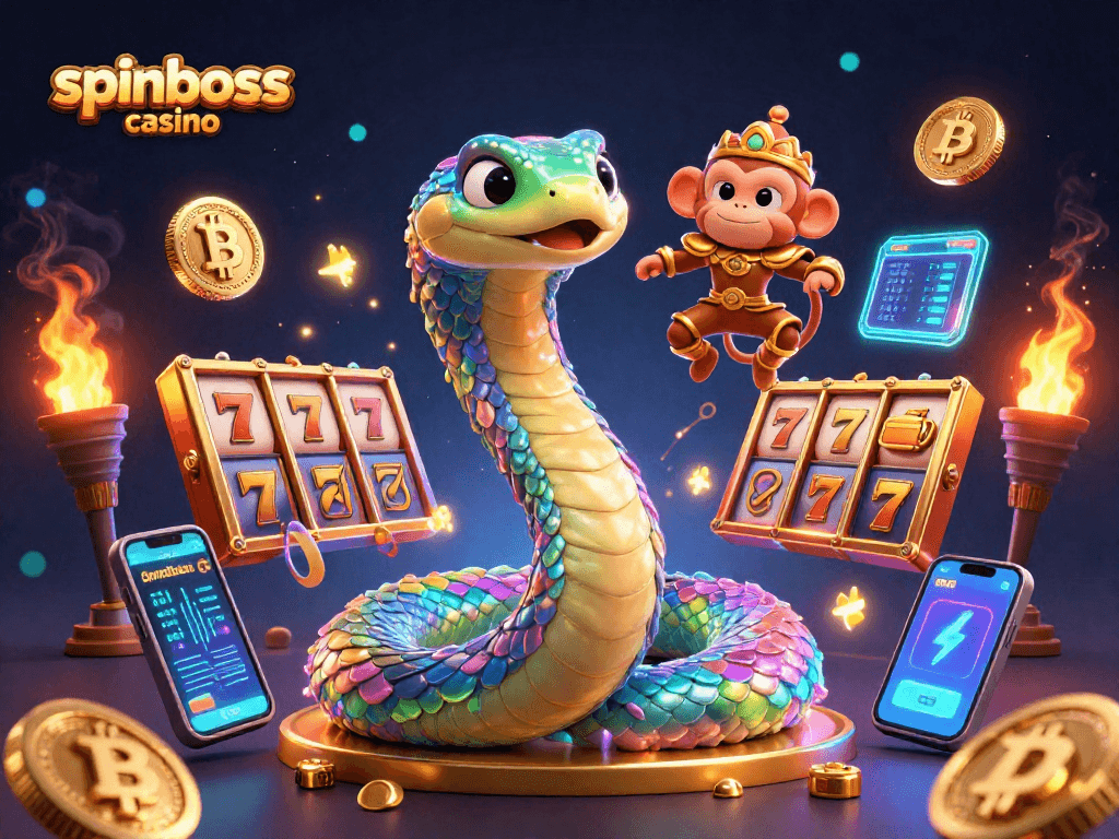 Spinboss Casino bietet eine magische Atmosphäre mit einem Regenbogenschlangen-Charakter und Spielautomaten.