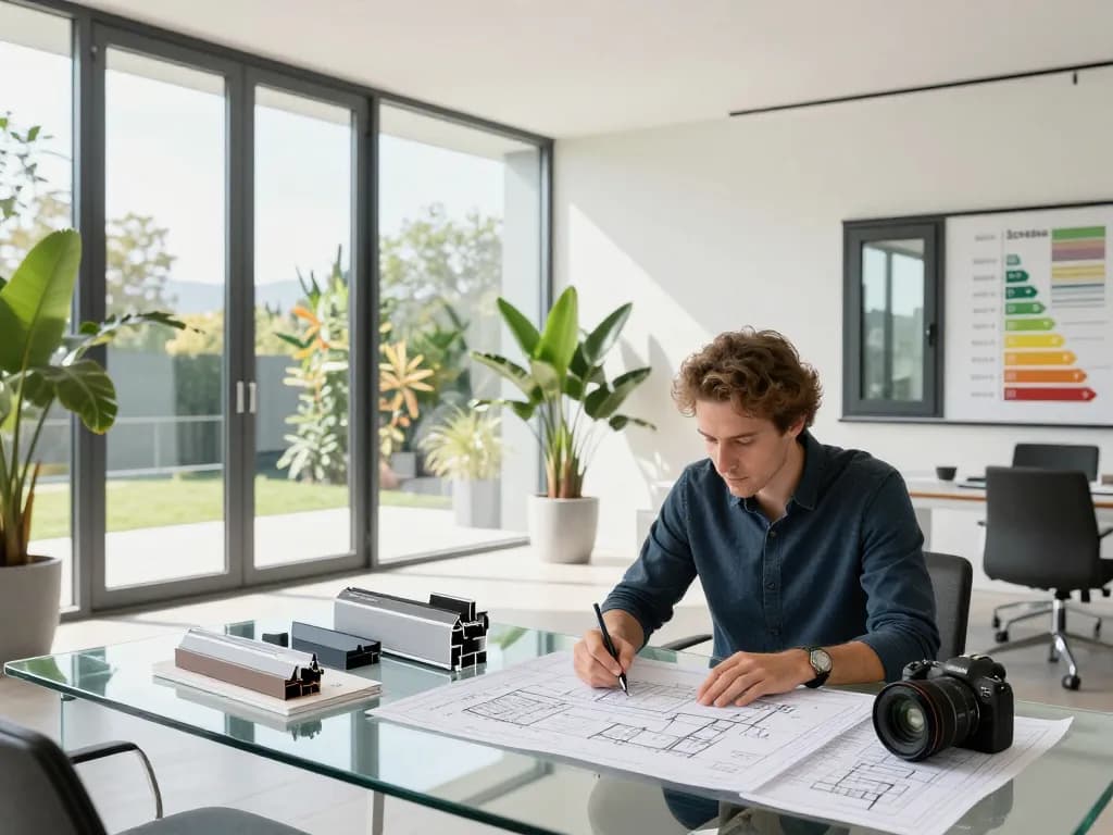 Schüco-Fenstersysteme, die in einem Architektenbüro präsentiert werden und modernes Wohnraumdesign hervorheben.