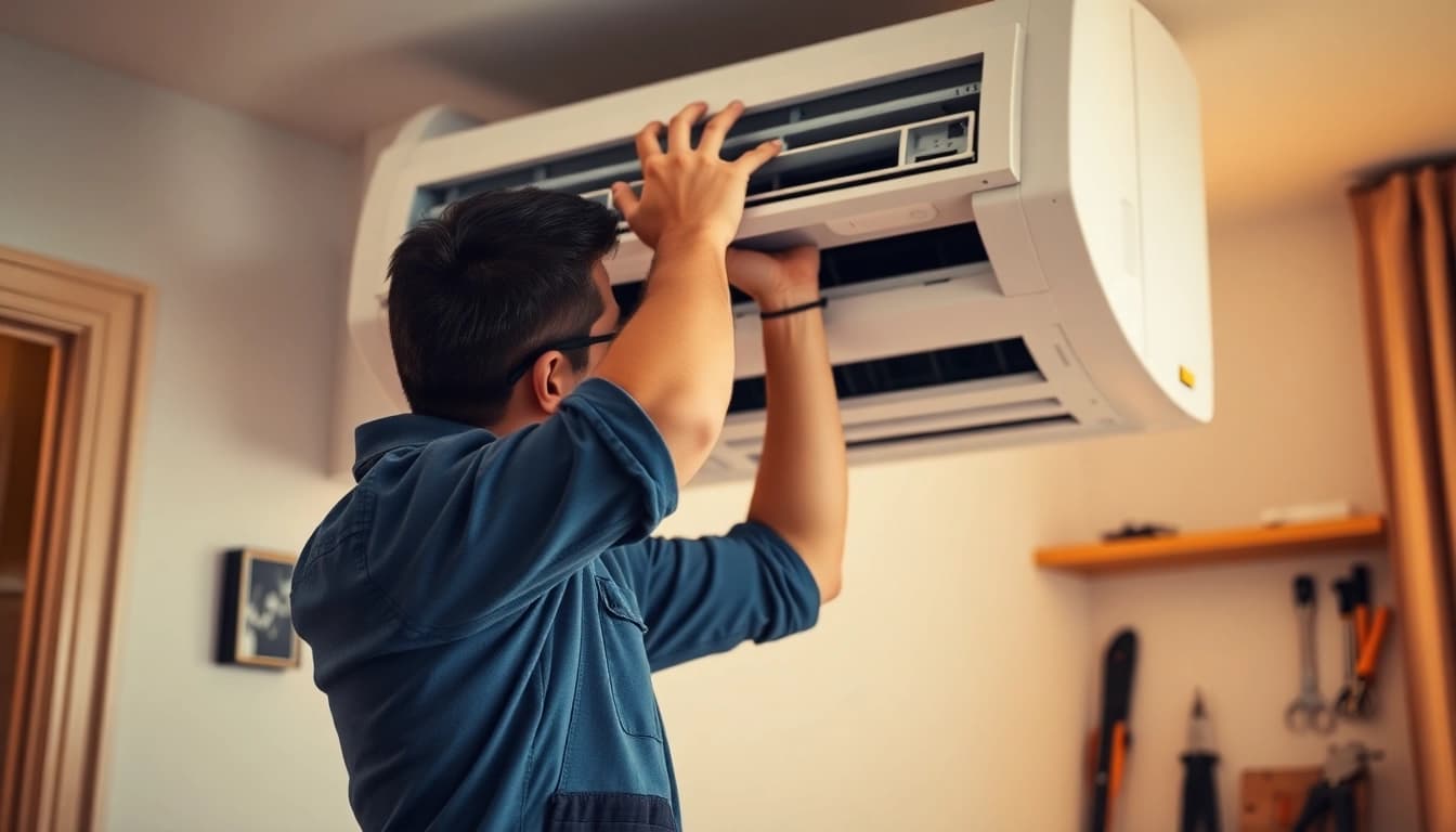 Technician expertly Klima installieren an air conditioning unit in a cozy indoor space with modern design.