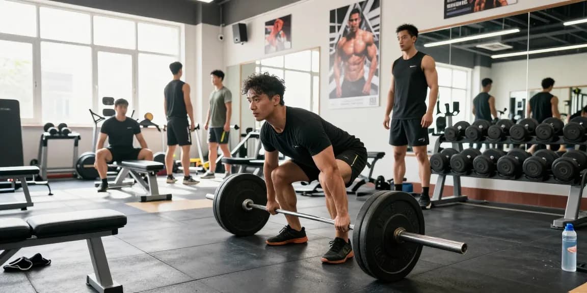 Bodybuilder im Anabolika Shop Deutschland, der im modernen Fitnessstudio mit hellem Licht eine Kreuzheben-Übung ausführt.