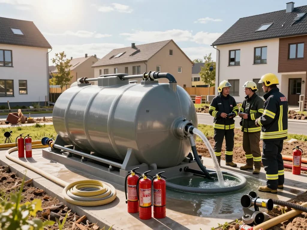 Flexible Löschwasserzisterne für Neubaugebiet, eingerichtet mit Feuerwehrleuten auf einer Baustelle, um die Feuerwasserversorgung sicherzustellen.