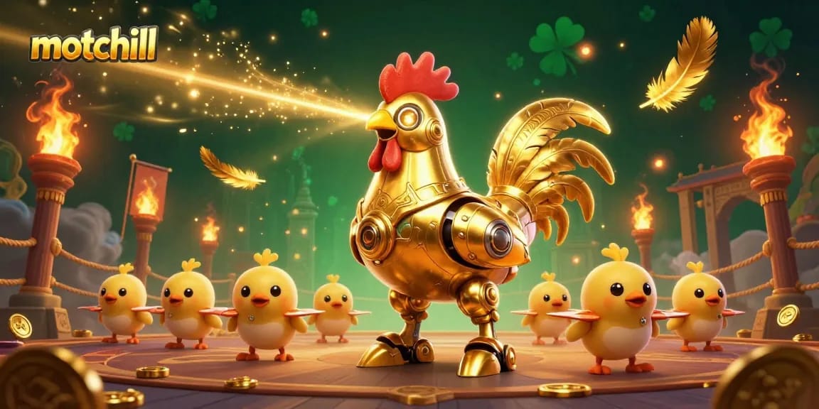 Win big with motchill featuring a golden rooster robot and baby chick drones in a vibrant casino scene.
