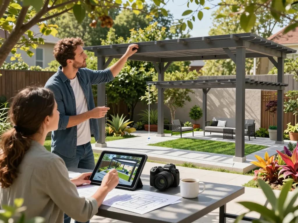 Interaktiver Pergola Konfigurator in einem Garten-Setup, das Echtzeit-Designfunktionen und Augmented Reality zeigt.