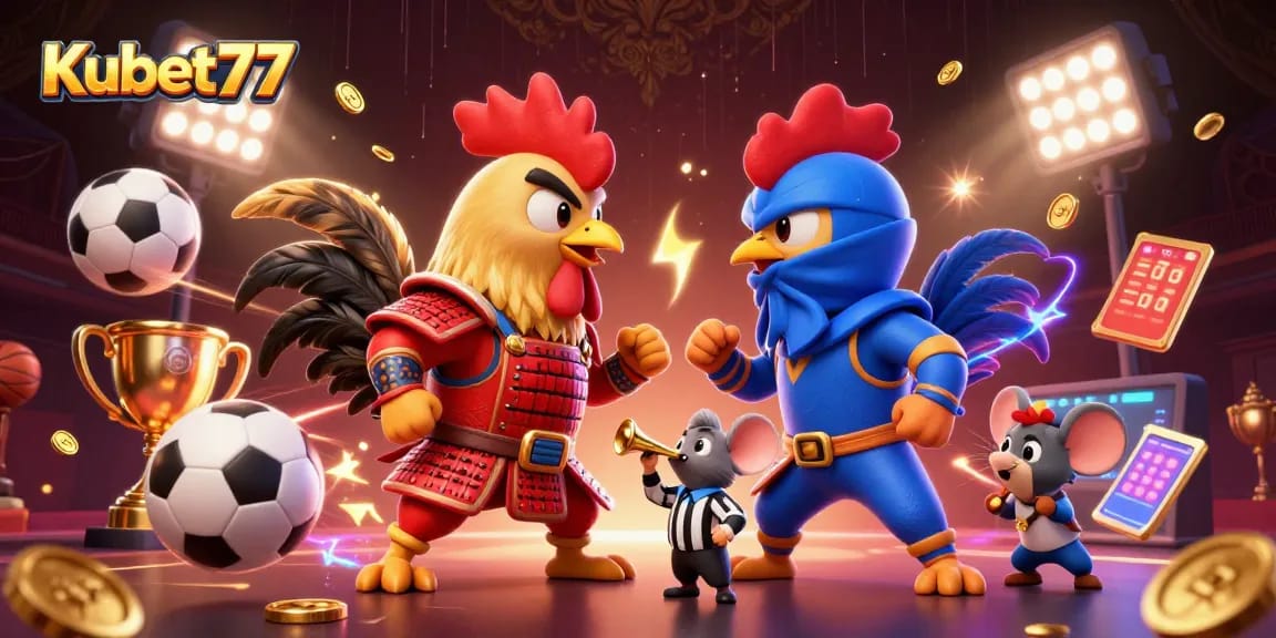 Kubet77 engages players in an electrifying rooster battle illustration among sports elements.