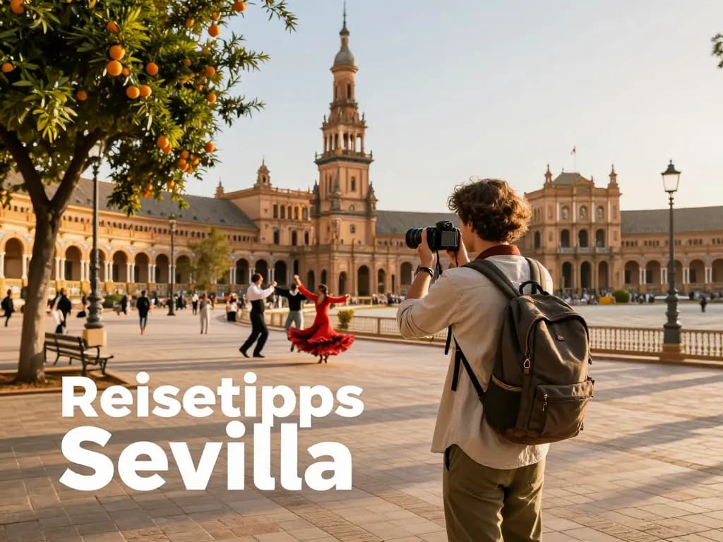 Reisetipps Sevilla: Reisender, der die Kultur und Architektur von Sevilla in einer lebendigen Straßenszene festhält.