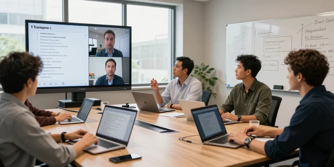 Transync AI Echtzeit Übersetzung in einer modernen Besprechung mit technologischem Hintergrund und Teamarbeit.