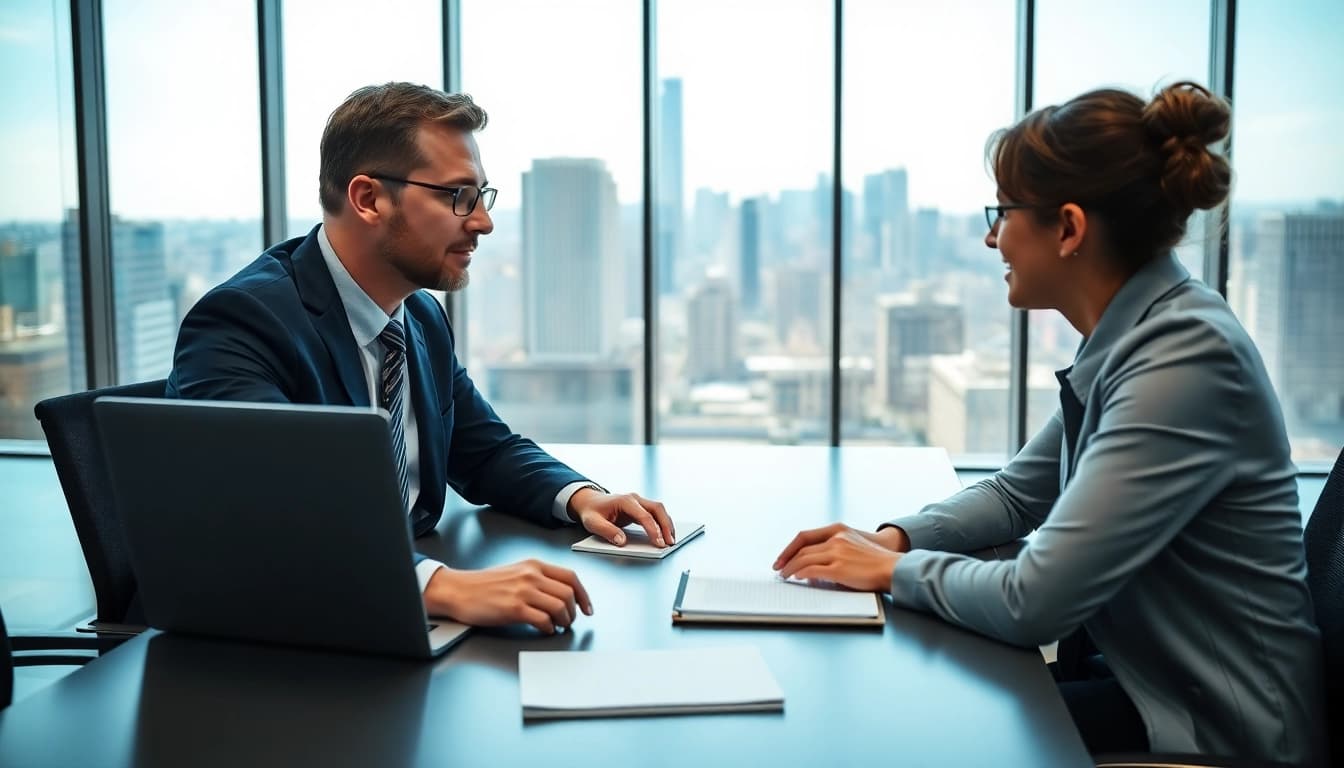 Sicht auf Headhunter Schweiz im Gespräch mit einem Kandidaten in einem modernen Büro.