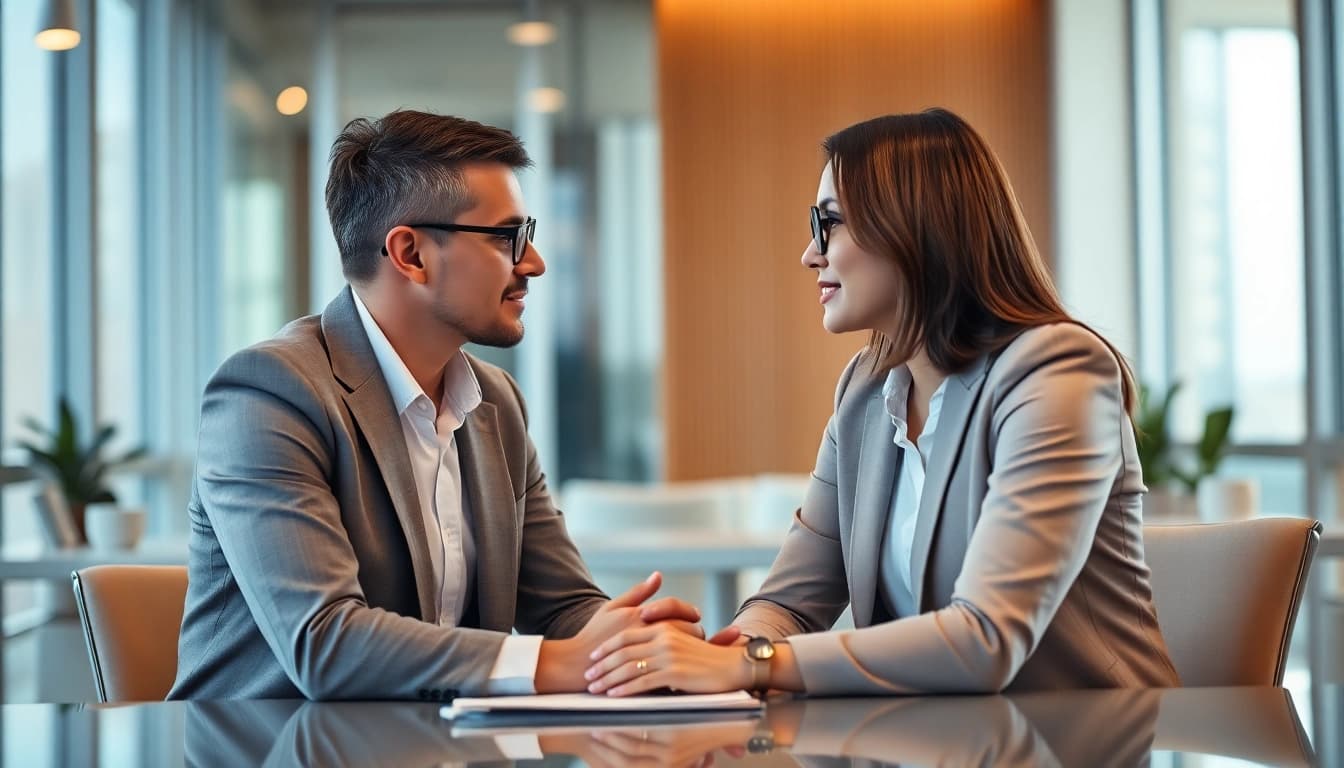 Headhunter consulting with clients in a modern office, showcasing expertise and professionalism.