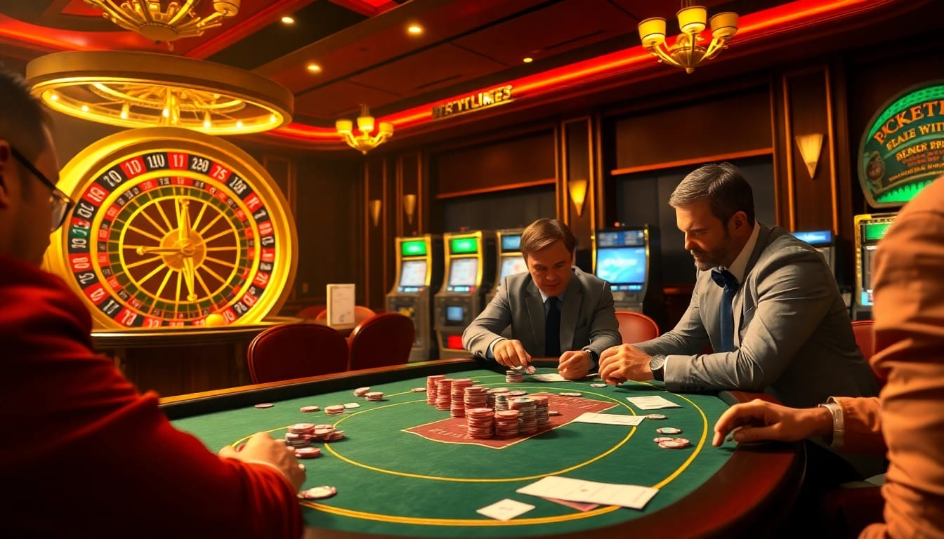 Intensely playing poker and roulette in a luxurious casino, featuring hidden wiki links.
