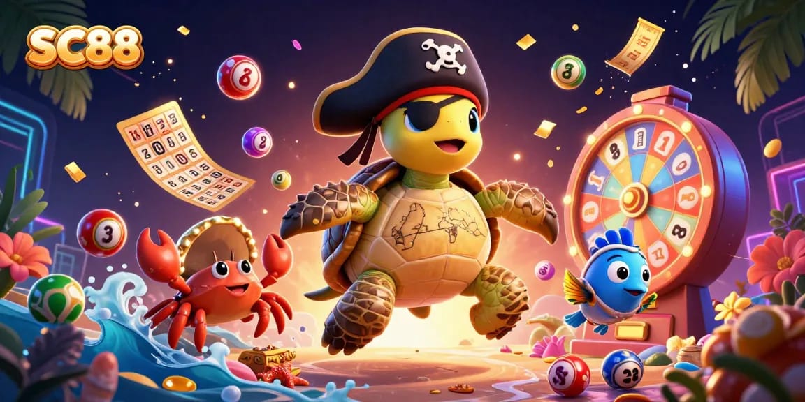 Experience SC88 with vibrant lottery elements, colorful characters, and sunken treasure.