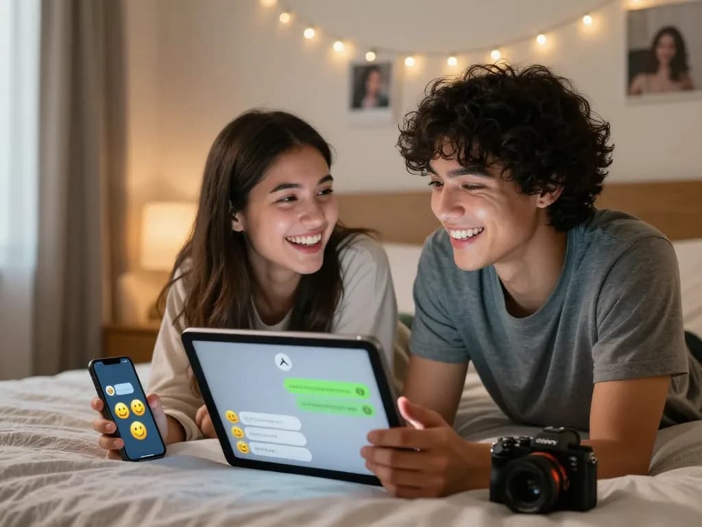 Couple enjoying sexting AI on a tablet in cozy bedroom setting.