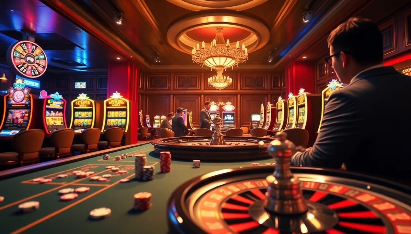 A lively casino scene featuring games from https://gg88.ltd/, highlighting poker chips and a roulette wheel.
