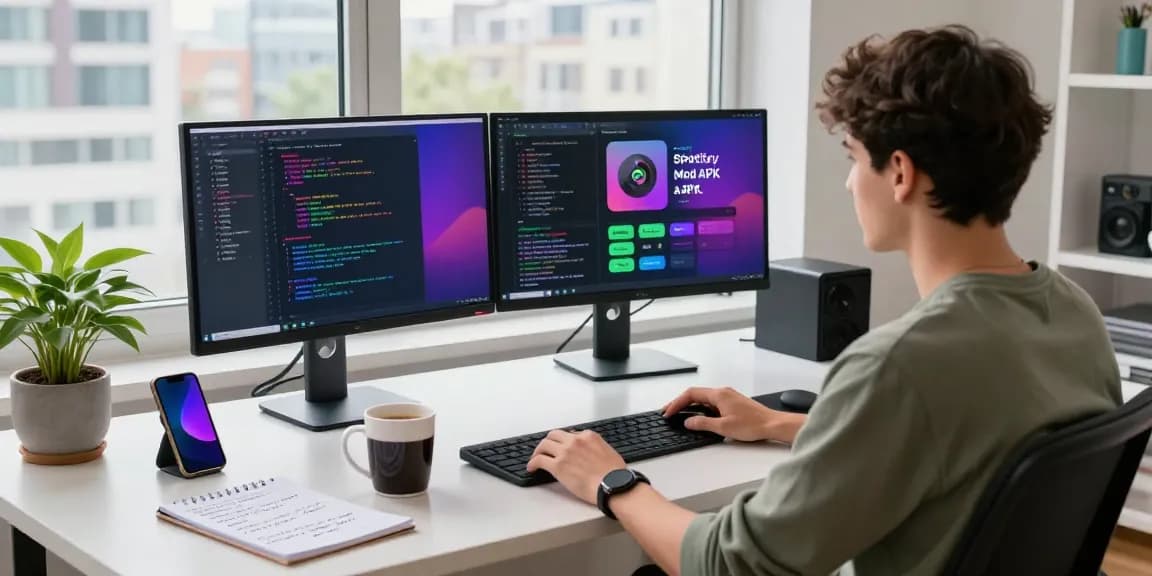 Developer utilizing spotify mod in a modern workspace, showcasing vibrant coding and Spotify interface.