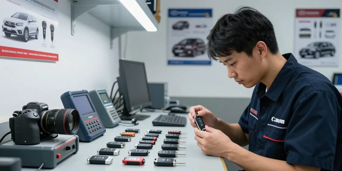 Techniker überprüft Autoschlüssel in einer professionellen Werkstatt, um sicherzustellen, dass alles richtig funktioniert — Bitte schön.