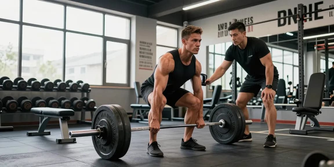 Anabolika Shop - Bodybuilder hebt Gewichte in modernem Fitnessstudio, motivierende Atmosphäre mit Fitnessgeräten.