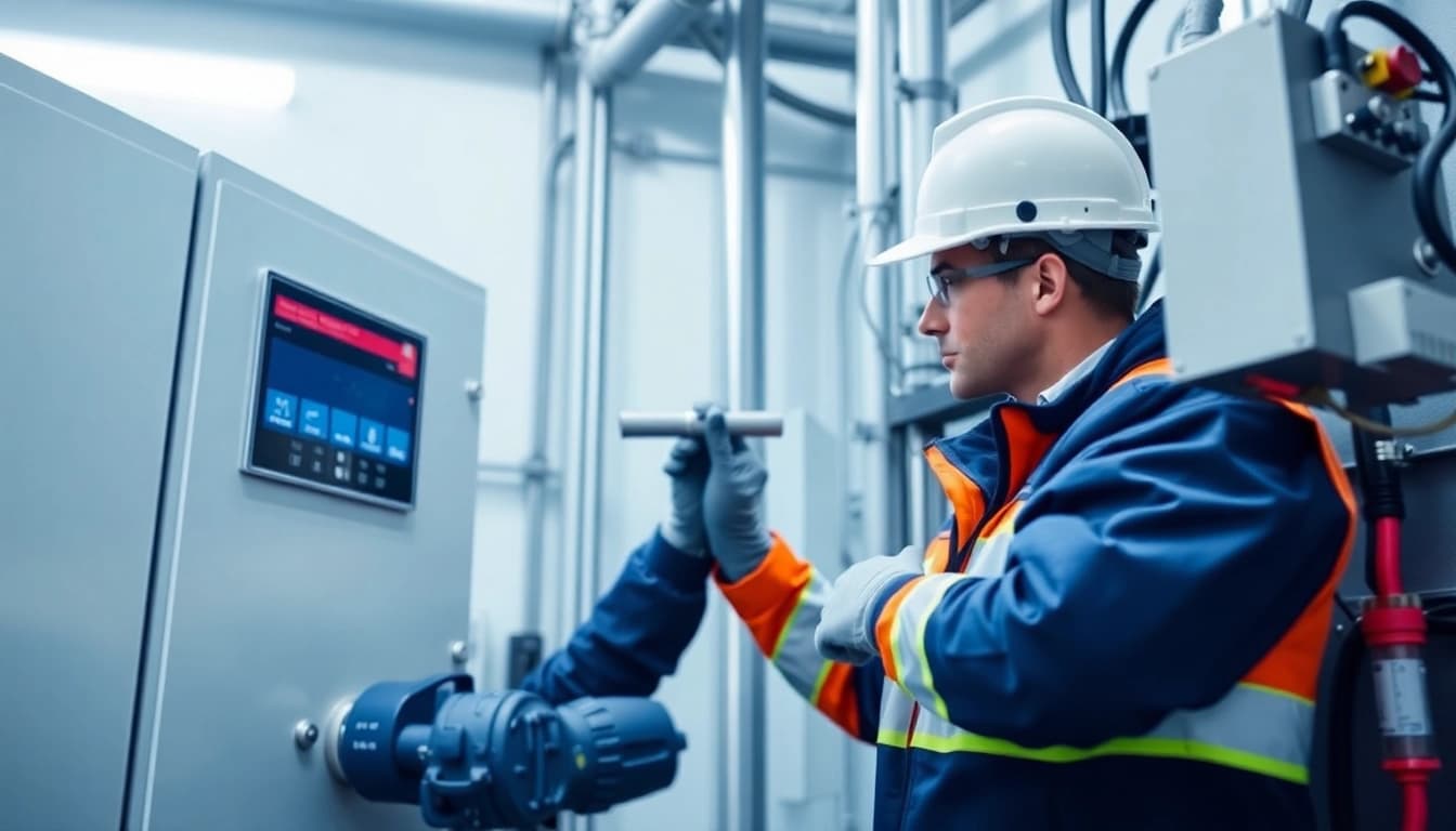 Technician conducting a DGUV V3 Prüfung on electrical systems, ensuring workplace safety through thorough examination.