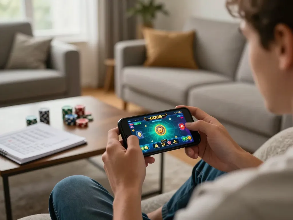 Player engaging with GO88 mobile gaming on smartphone in a cozy home setting.