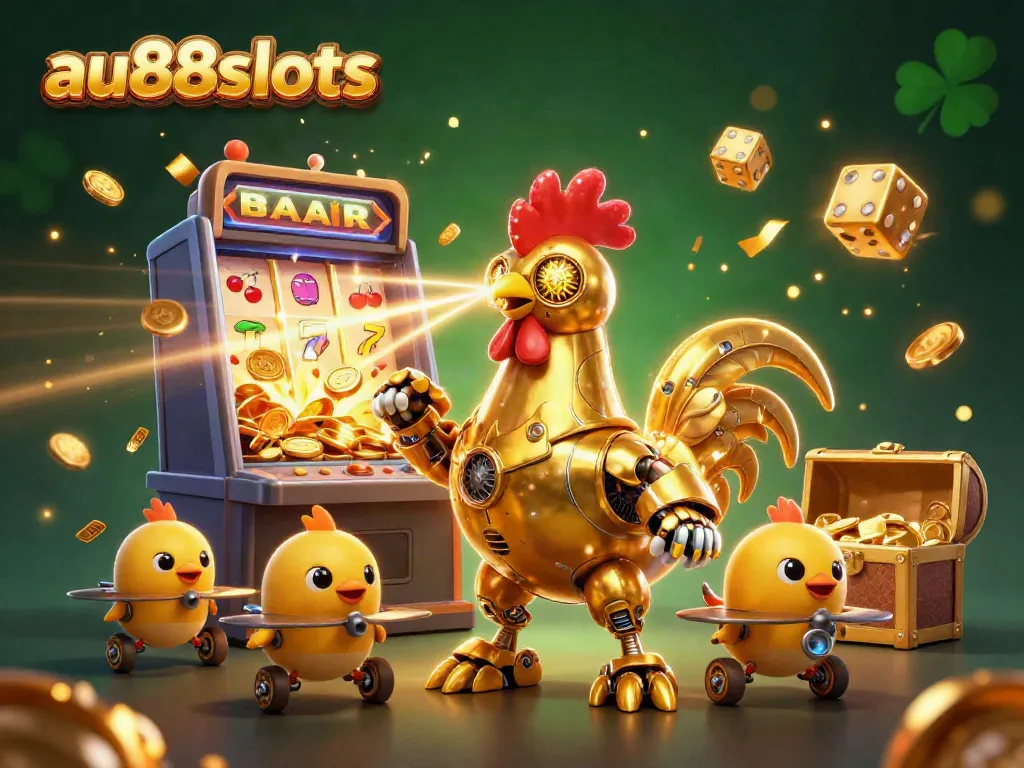 Experience dynamic gaming excitement with au88slots, featuring a golden rooster robot and vibrant casino elements.
