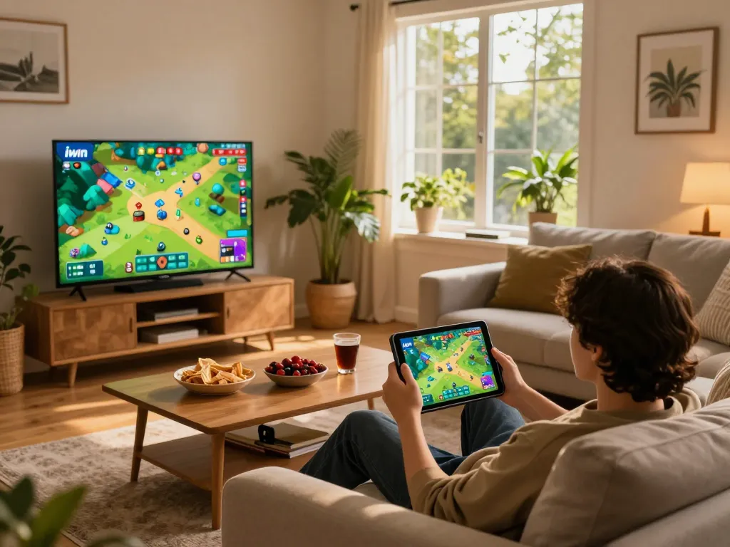 Engaging in iwin gameplay on a cozy home setup showcasing a comfortable living room.