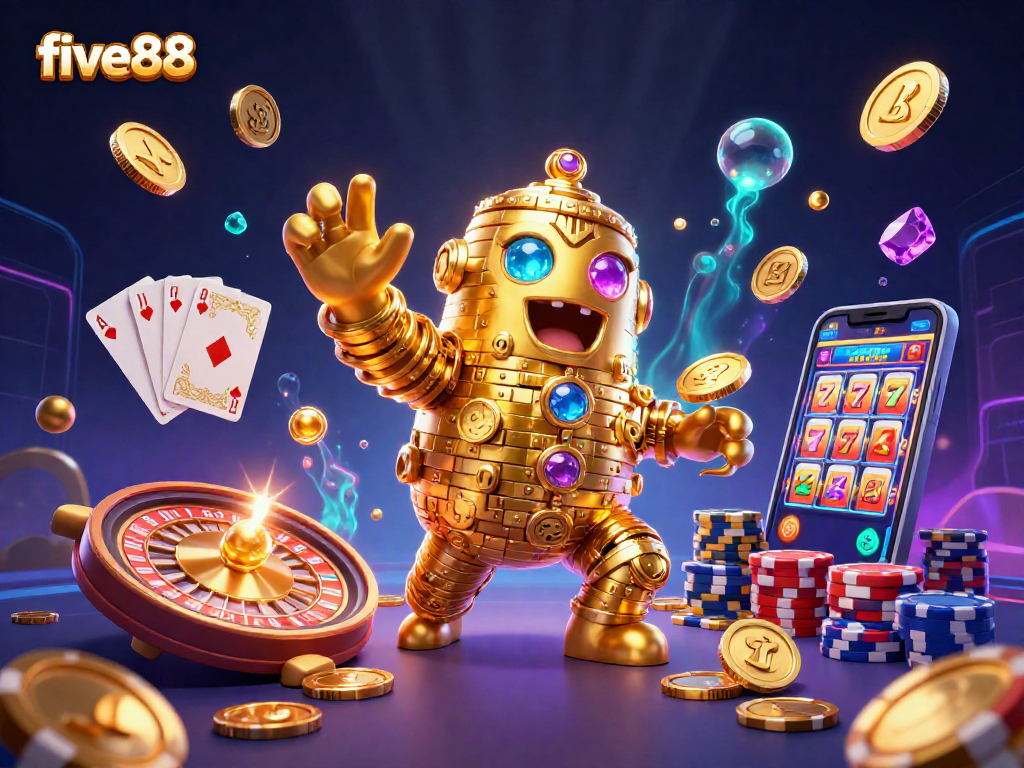 Experience thrilling gaming at five88 with a vibrant scene featuring a golden golem and casino elements.