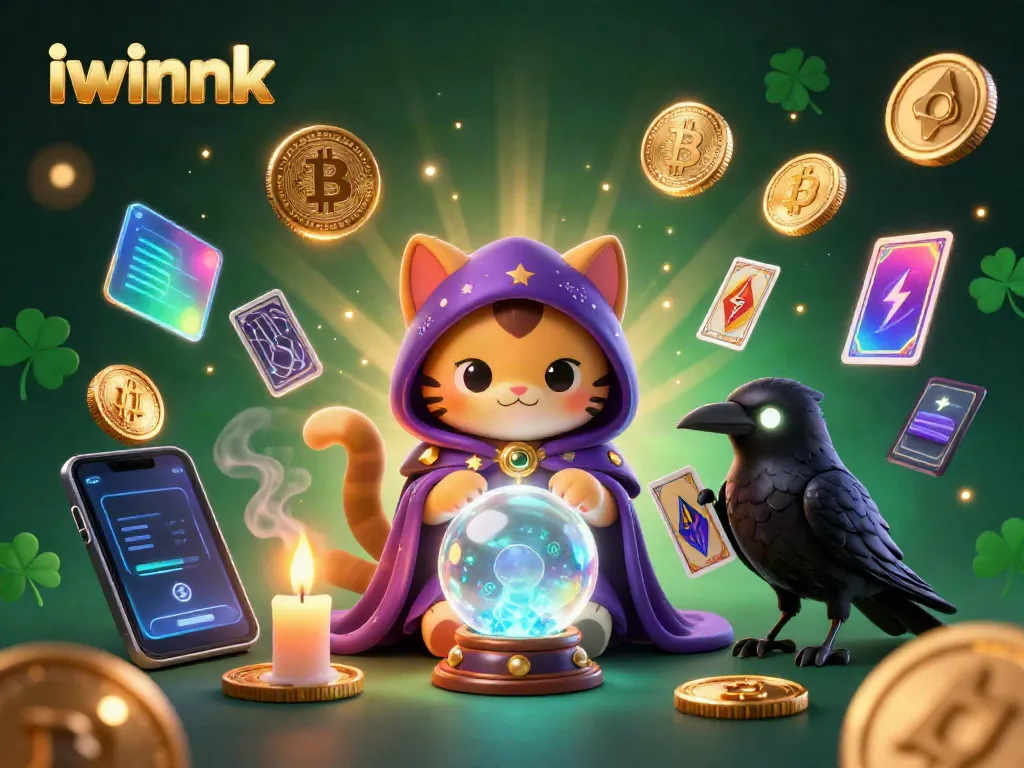 Experience thrilling wins with iwinnk, featuring a mystical cat and raven in a vibrant casino scene.