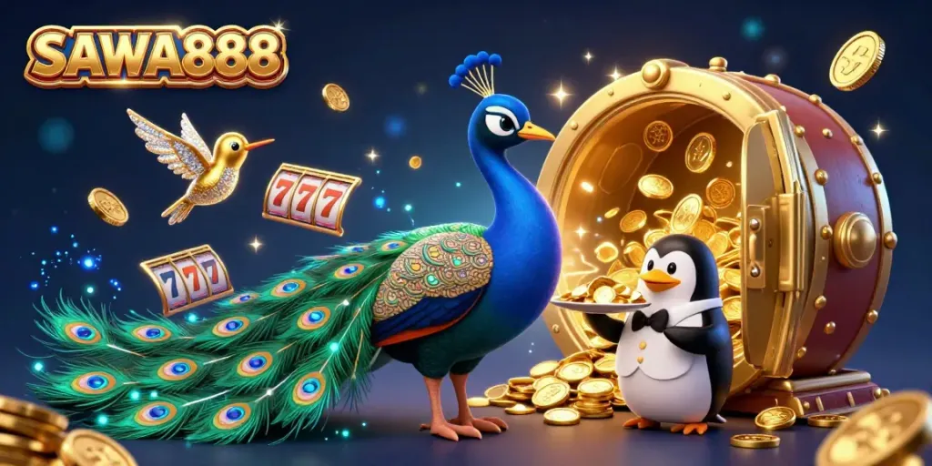 Experience the vibrant world of SAWA888 with dazzling slot reels and golden treasures.