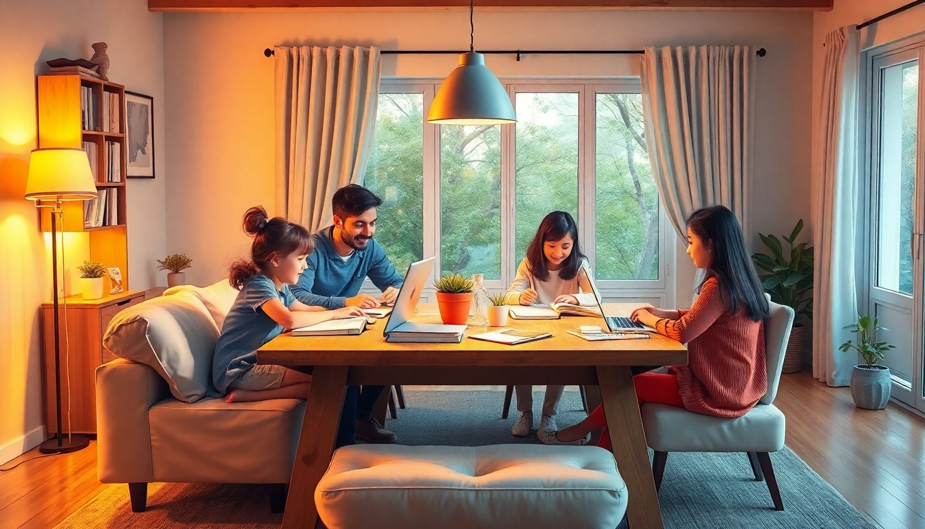 Eine Familie genießt den Heimunterricht am Tisch mit Büchern und Laptops.