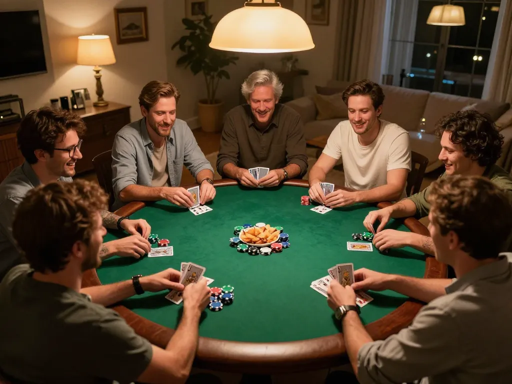 Friends enjoying a poker night, using the Plagiat Scanner for text originality checks while engaging in friendly competition.
