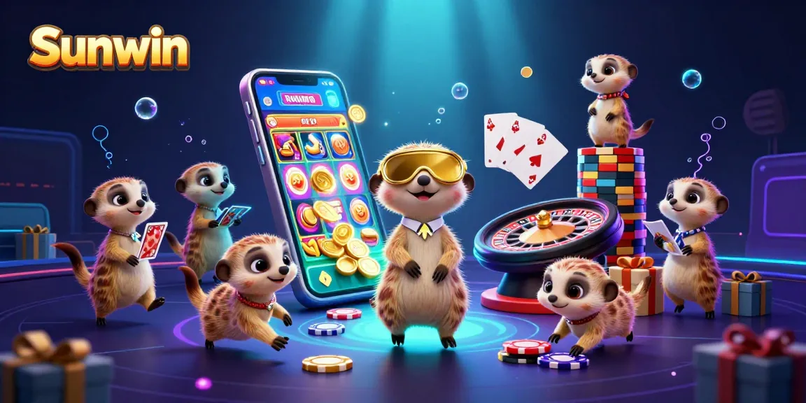 Sunwin's meerkats orchestrate an exciting casino scene with vibrant slot game elements.