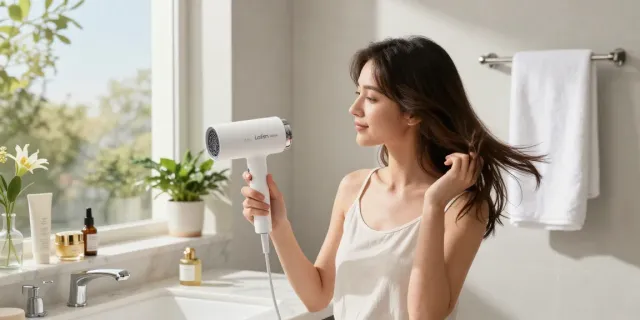 Young woman styling her hair with Laifen Mini haartrockner in a modern bathroom