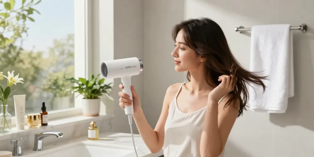 Young woman styling her hair with Laifen Mini haartrockner in a modern bathroom