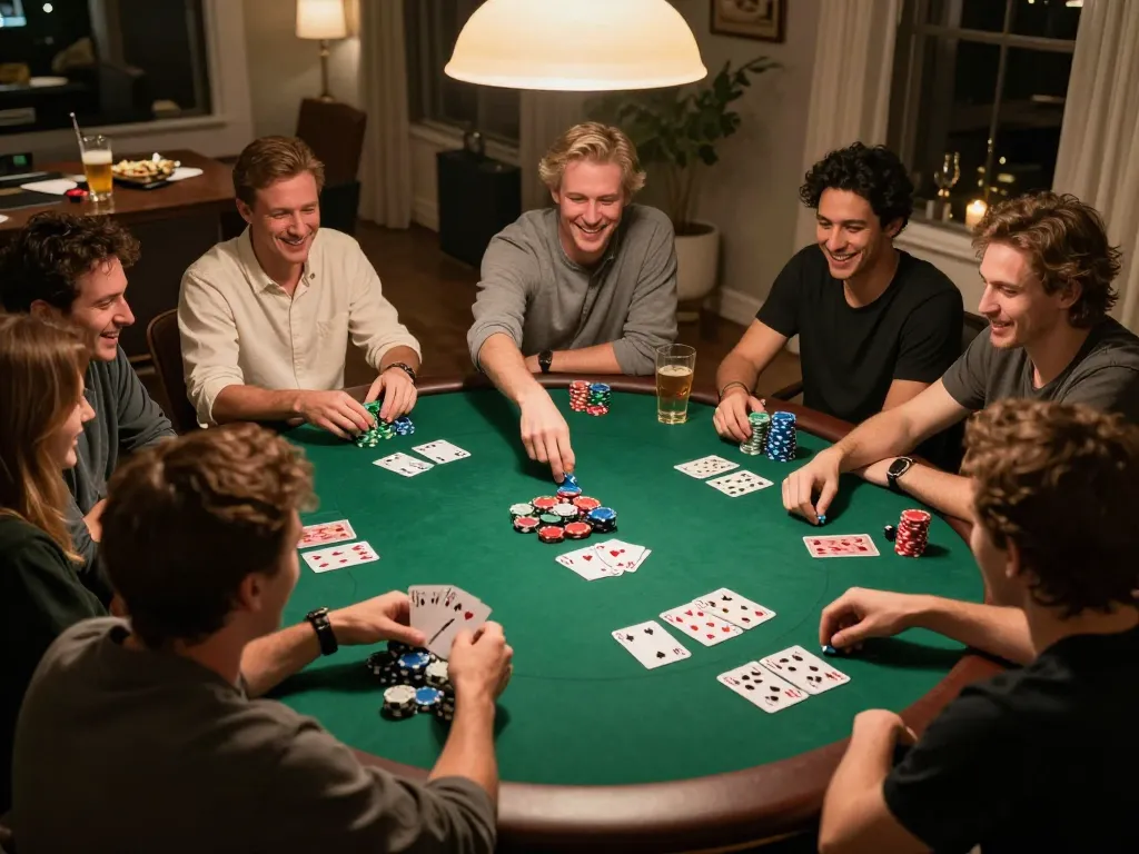 Friends enjoying poker night at home as they play under warm lights, led by f1688 CEO’s strategic gaming insights.