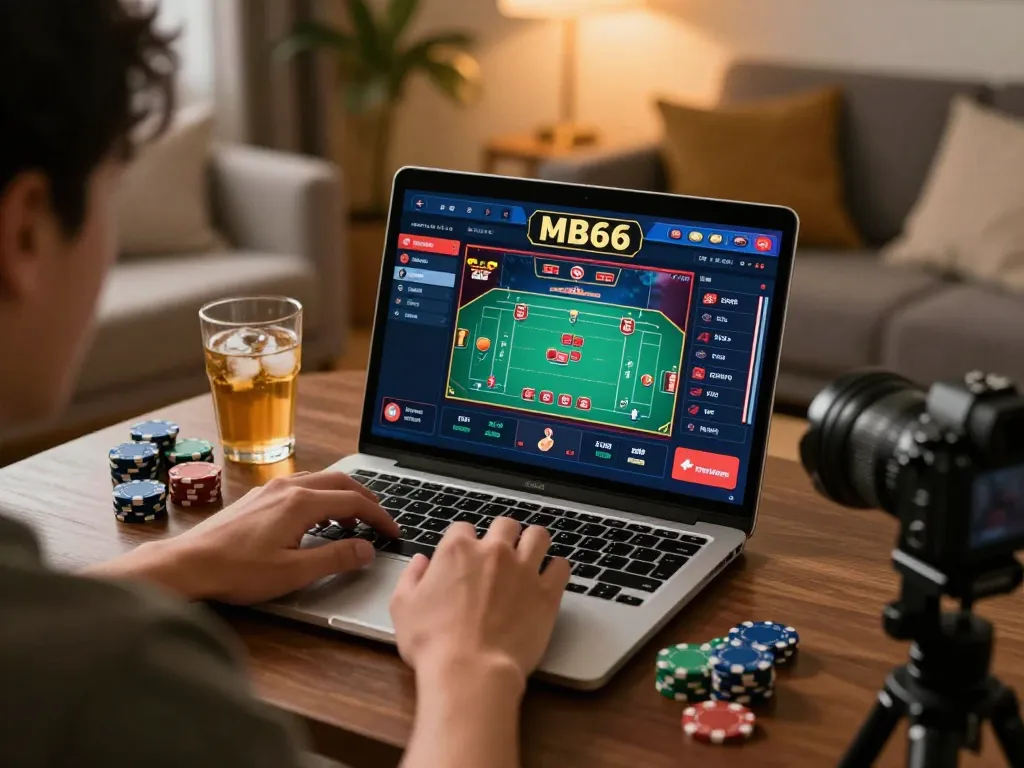Player engaging with MB66 online casino on laptop, showcasing strategic gameplay.