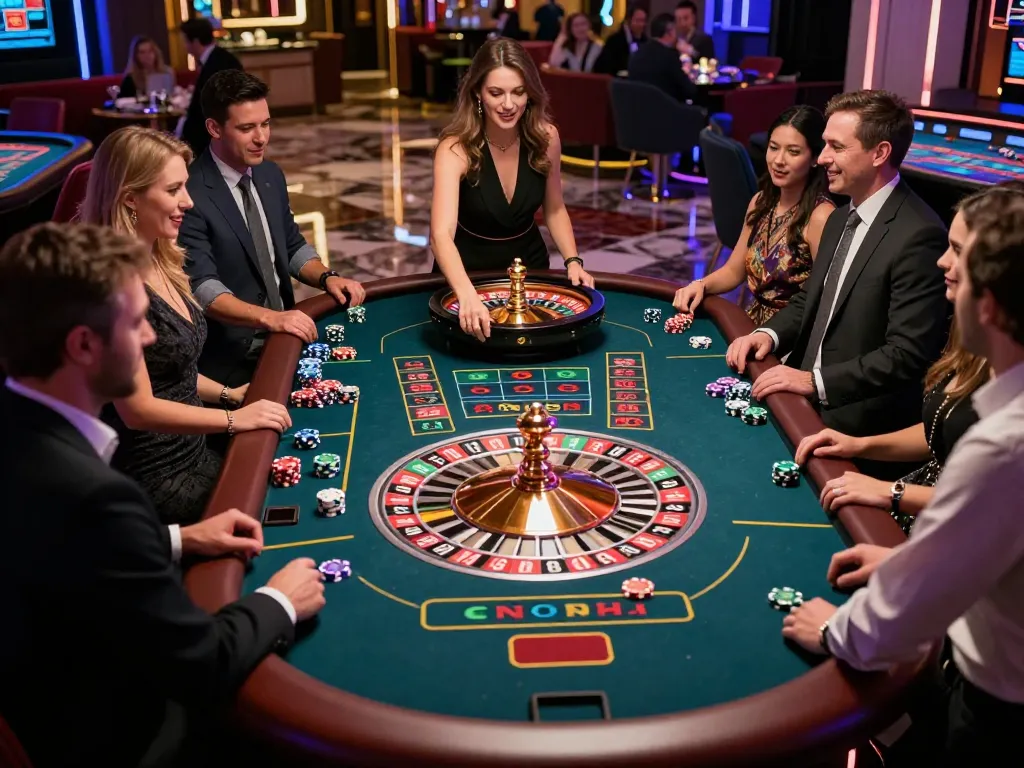 Trải nghiệm sự phấn khích của trò chơi roulette LUCK8 tại một sòng bài sống động với những người chơi háo hức giành chiến thắng.