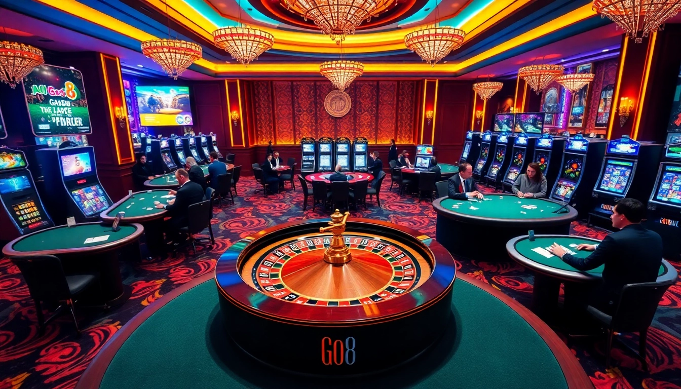 Experience thrilling gaming action at Go8, with a stylish casino scene featuring roulette and poker tables.
