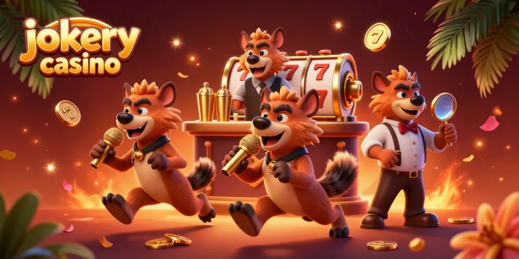 Experience the excitement at jokery casino with lively hyenas running a comedy club amidst vibrant casino elements.