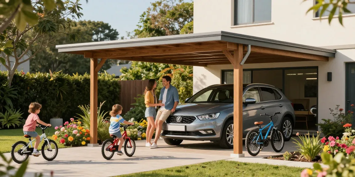 Moderne Carport-Installation mit Familie und Garten, sonniger Tag.