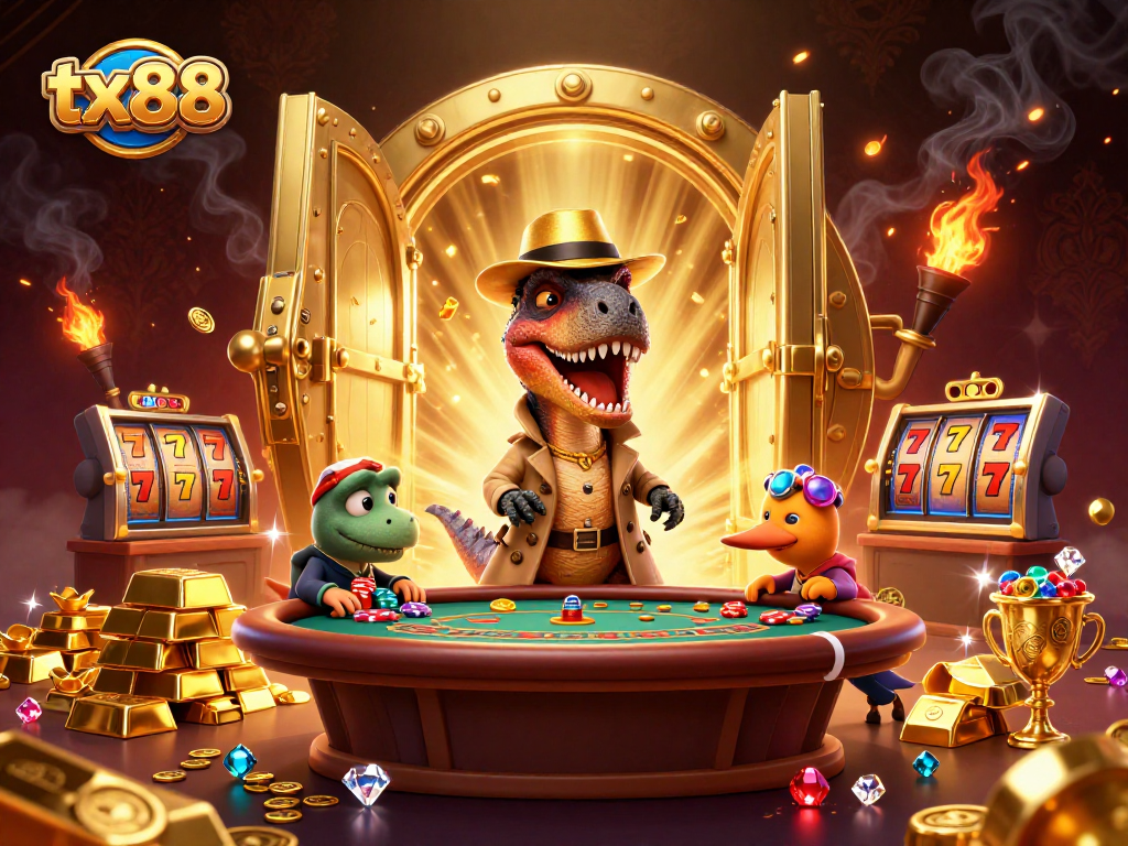 Exciting tx88 scene with a velociraptor card counter at a blackjack table amid a treasure-filled atmosphere.