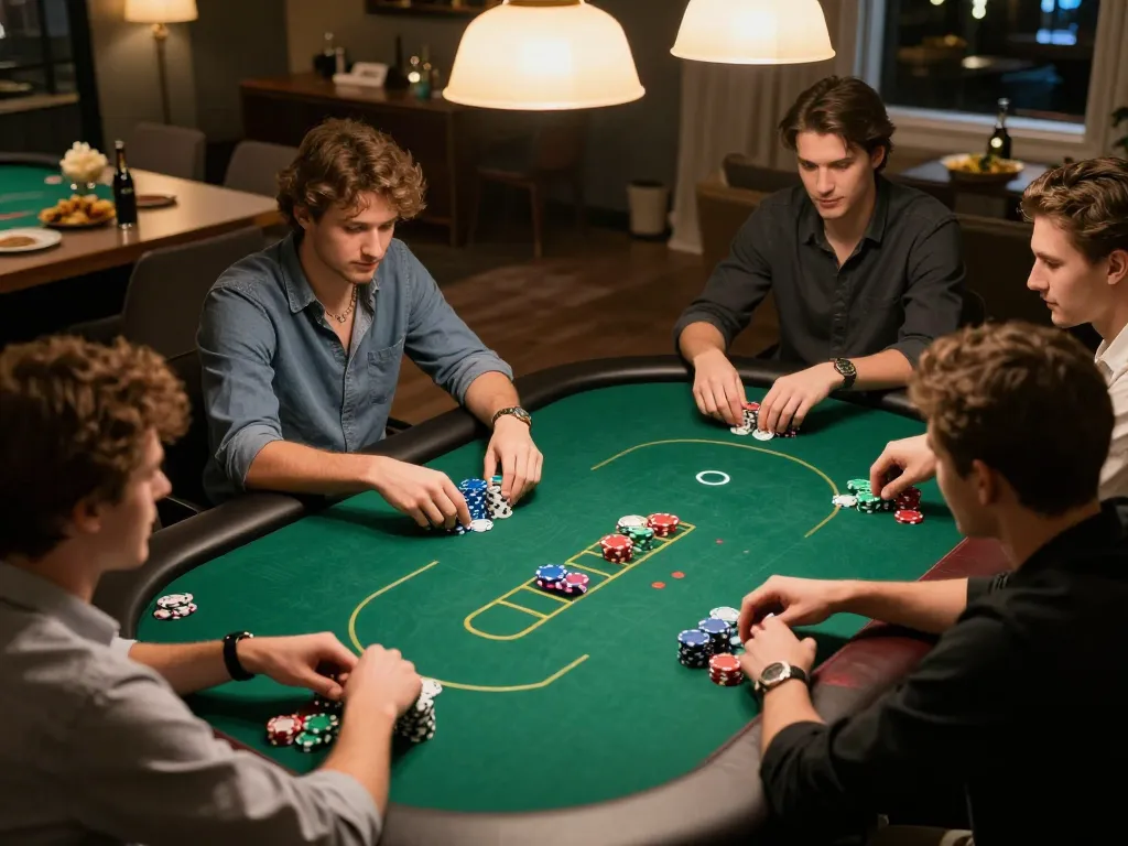 Players engaged in a strategic poker game night at home, representing fabet's social gambling experience.