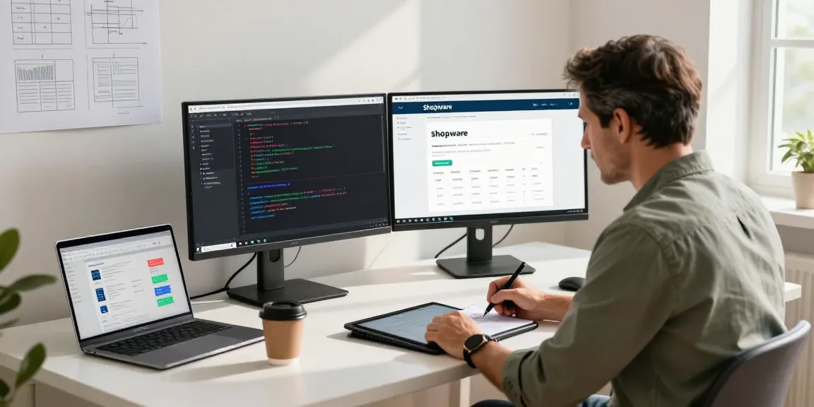Shopware-Freelancer, der sich auf die Entwicklung von E-Commerce in einem modernen Arbeitsumfeld mit Code- und Designelementen konzentriert.