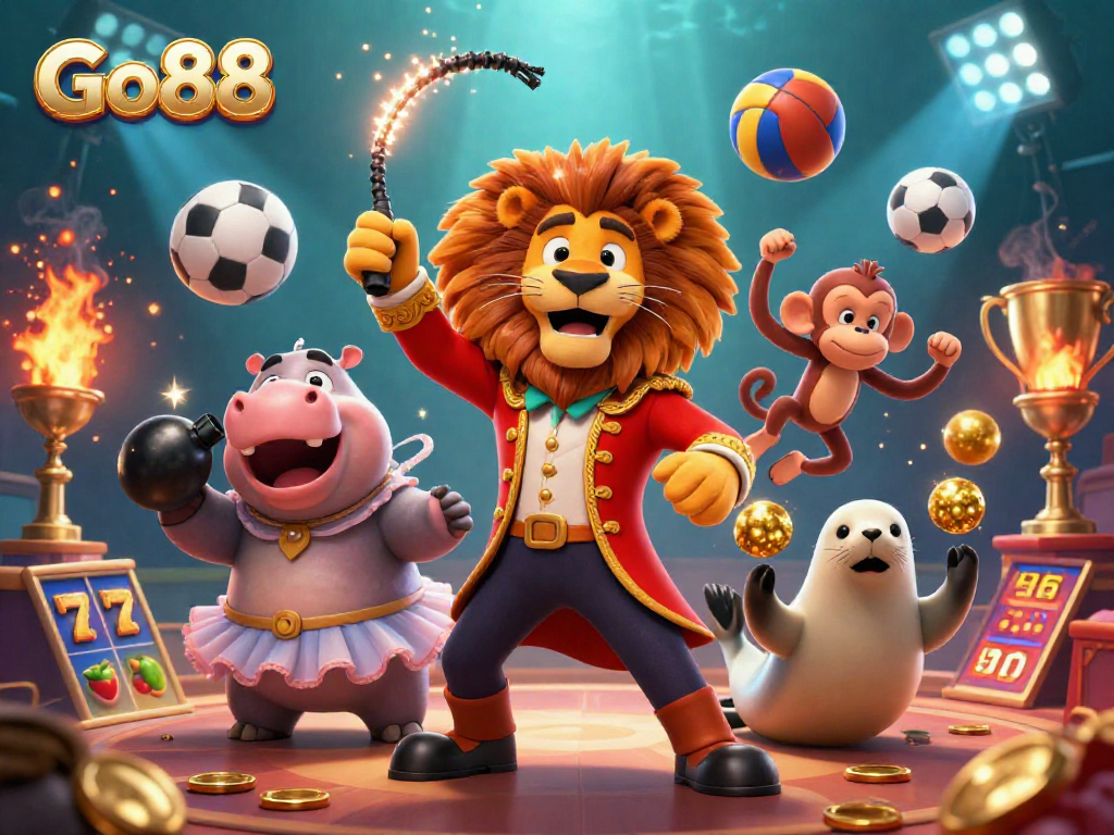 Experience the excitement of Go 88 with a vibrant 3D circus scene packed with slots and gambling elements.