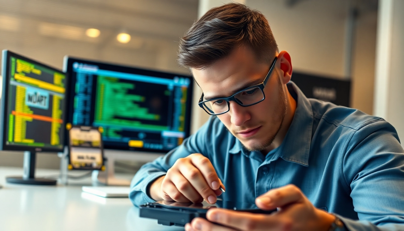 Datenrettung externe festplatte von einem professionellen Techniker in einem modernen Büro.