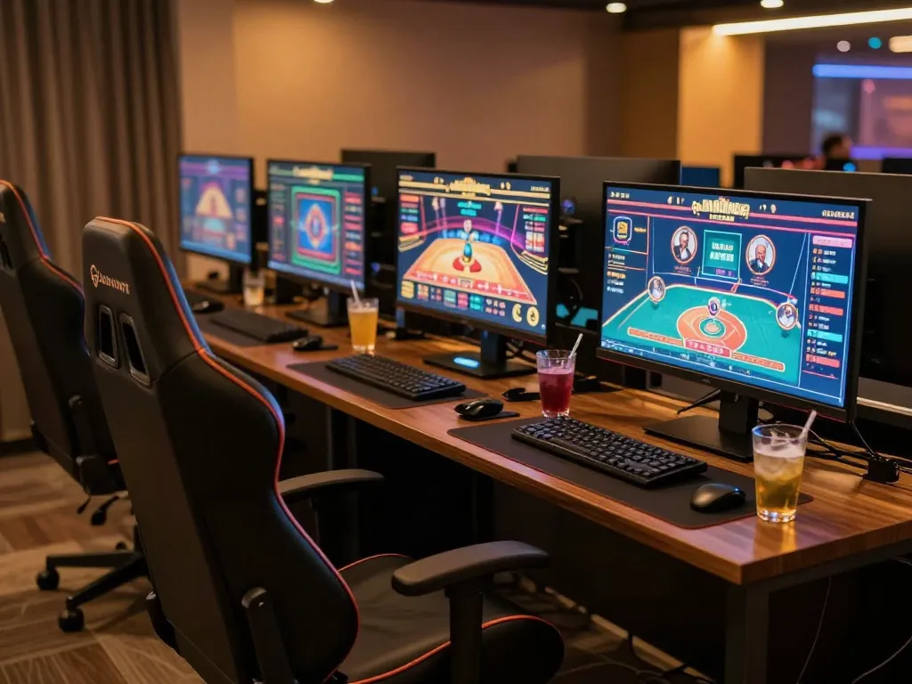 RR88 players enjoy an engaging online gaming experience with multiple screens and cozy atmosphere.