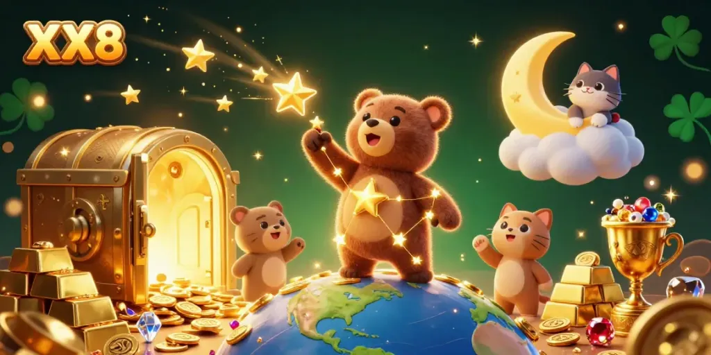 Engage with XX8's captivating online casino world featuring sparkling treasures and magical characters.