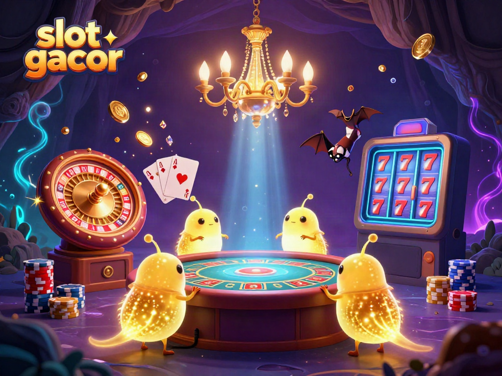 Experience excitement with slot gacor surrounded by glowing characters, coins, and vibrant casino elements.